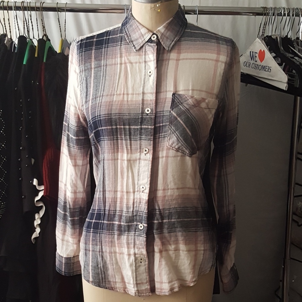 White Pink Grey Navy Plaid One Pocket Cotton Shirt